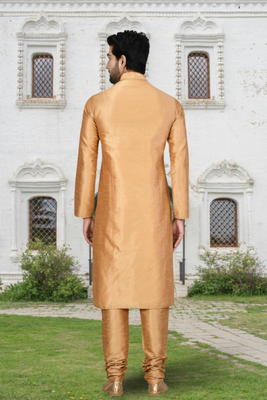 Chiku art silk solid kurta churidar for men's indian traditional ethnic wear 3