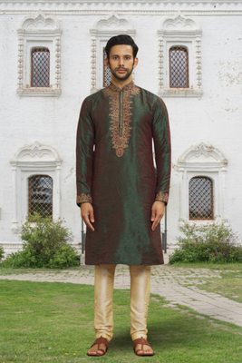 Green art silk embroidered kurta churidar for men's indian traditional ethnic wear 1