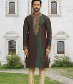 Green art silk embroidered kurta churidar for men's indian traditional ethnic wear