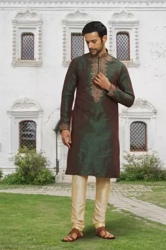 Green art silk embroidered kurta churidar for men's indian traditional ethnic wear