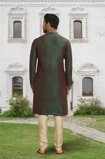 Green art silk embroidered kurta churidar for men's indian traditional ethnic wear