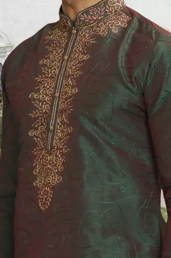 Green art silk embroidered kurta churidar for men's indian traditional ethnic wear