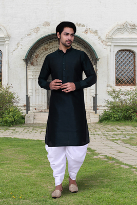 Navy blue art silk solid kurta patiala for men's indian traditional ethnic wear 2