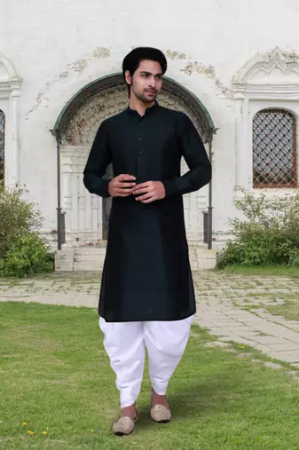 Navy blue art silk solid kurta patiala for men's indian traditional ethnic wear