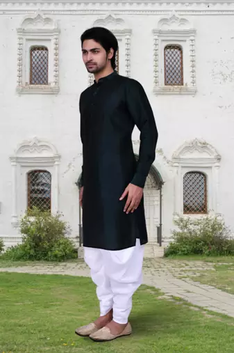 Navy blue art silk solid kurta patiala for men's indian traditional ethnic wear