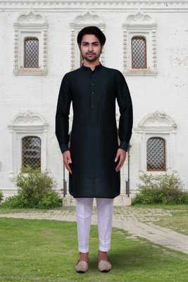 Navy blue art silk solid kurta pyjamas for men's indian traditional ethnic wear 1