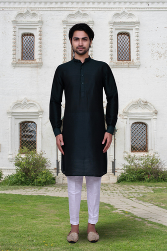 Navy blue art silk solid kurta pyjamas for men's indian traditional ethnic wear