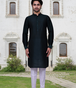 Navy blue art silk solid kurta pyjamas for men's indian traditional ethnic wear
