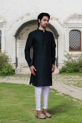 Navy blue art silk solid kurta pyjamas for men's indian traditional ethnic wear 2