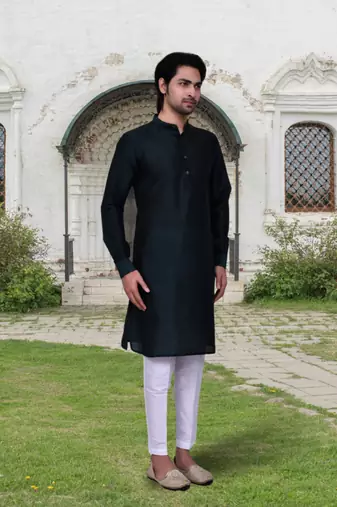 Navy blue art silk solid kurta pyjamas for men's indian traditional ethnic wear