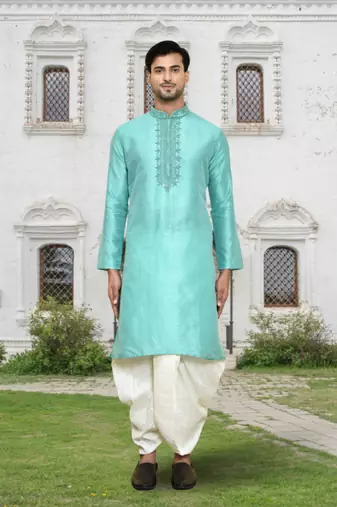 Navy blue art silk solid kurta pyjamas for men's indian traditional ethnic wear