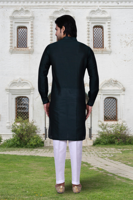 Navy blue art silk solid kurta pyjamas for men's indian traditional ethnic wear 4