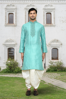 Sea green art silk embroidered kurta dhoti pants for men's indian traditional ethnic wear 1