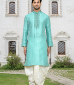 Sea green art silk embroidered kurta dhoti pants for men's indian traditional ethnic wear