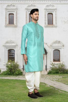 Sea green art silk embroidered kurta dhoti pants for men's indian traditional ethnic wear 2