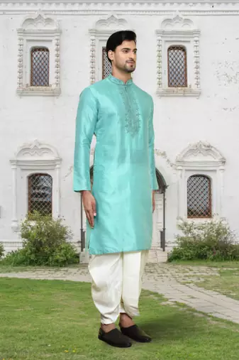 Sea green art silk embroidered kurta dhoti pants for men's indian traditional ethnic wear