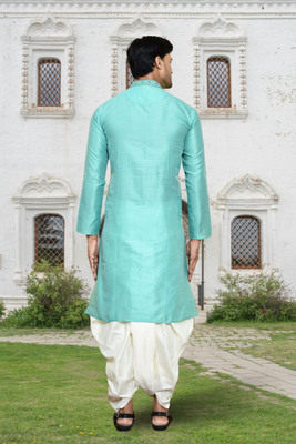 Sea green art silk embroidered kurta dhoti pants for men's indian traditional ethnic wear 3