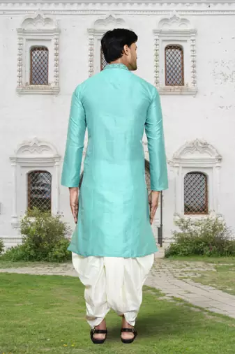 Sea green art silk embroidered kurta dhoti pants for men's indian traditional ethnic wear