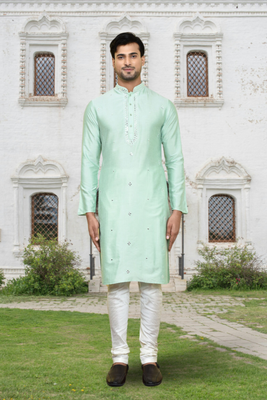Pista green art silk embroidered kurta churidar for men's indian traditional ethnic wear 1