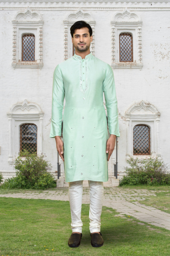 Pista green art silk embroidered kurta churidar for men's indian traditional ethnic wear