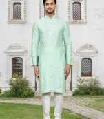 Pista green art silk embroidered kurta churidar for men's indian traditional ethnic wear