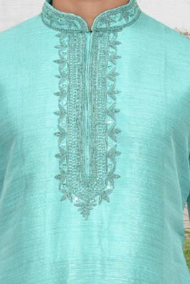 Sea green art silk embroidered kurta dhoti pants for men's indian traditional ethnic wear 4