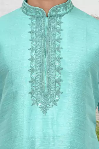 Sea green art silk embroidered kurta dhoti pants for men's indian traditional ethnic wear