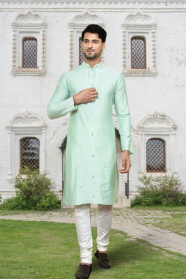Pista green art silk embroidered kurta churidar for men's indian traditional ethnic wear 2