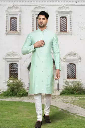 Pista green art silk embroidered kurta churidar for men's indian traditional ethnic wear