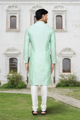 Pista green art silk embroidered kurta churidar for men's indian traditional ethnic wear 3