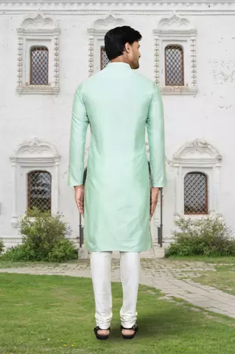 Pista green art silk embroidered kurta churidar for men's indian traditional ethnic wear