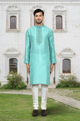 Sea green art silk embroidered kurta churidar for men's indian traditional ethnic wear 1
