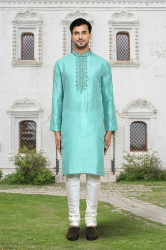 Sea green art silk embroidered kurta churidar for men's indian traditional ethnic wear