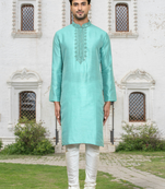Sea green art silk embroidered kurta churidar for men's indian traditional ethnic wear