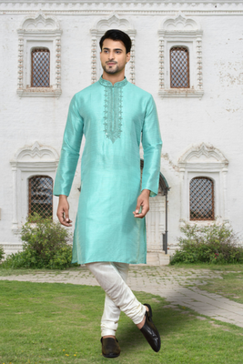 Sea green art silk embroidered kurta churidar for men's indian traditional ethnic wear 2