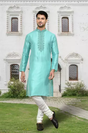 Sea green art silk embroidered kurta churidar for men's indian traditional ethnic wear