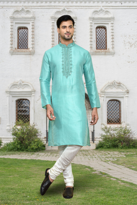 Sea green art silk embroidered kurta churidar for men's indian traditional ethnic wear 3