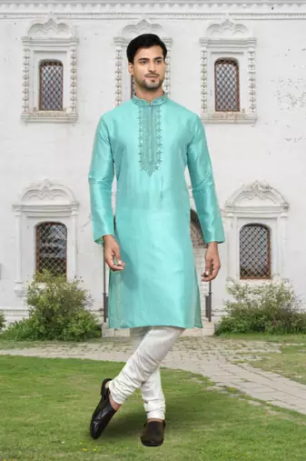 Sea green art silk embroidered kurta churidar for men's indian traditional ethnic wear