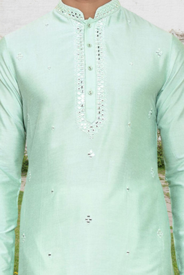 Pista green art silk embroidered kurta churidar for men's indian traditional ethnic wear 4