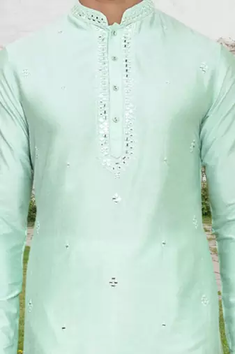 Pista green art silk embroidered kurta churidar for men's indian traditional ethnic wear