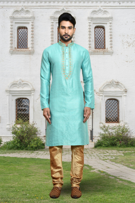 Sea green art silk embroidered kurta churidar for men's indian traditional ethnic wear 1