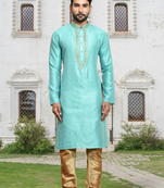 Sea green art silk embroidered kurta churidar for men's indian traditional ethnic wear