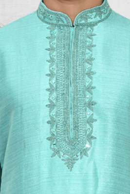 Sea green art silk embroidered kurta churidar for men's indian traditional ethnic wear 4
