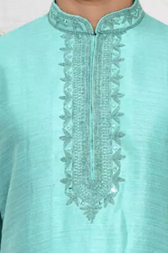 Sea green art silk embroidered kurta churidar for men's indian traditional ethnic wear