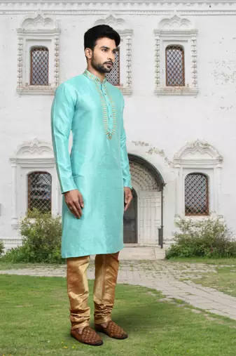 Sea green art silk embroidered kurta churidar for men's indian traditional ethnic wear
