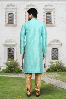 Sea green art silk embroidered kurta churidar for men's indian traditional ethnic wear 3