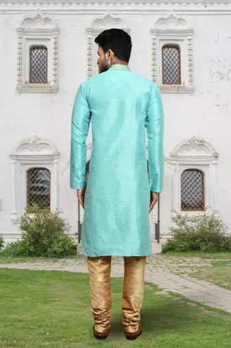 Sea green art silk embroidered kurta churidar for men's indian traditional ethnic wear
