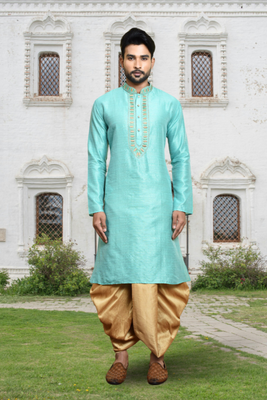 Lemon art silk solid kurta dhoti pants for men's indian traditional ethnic wear 1