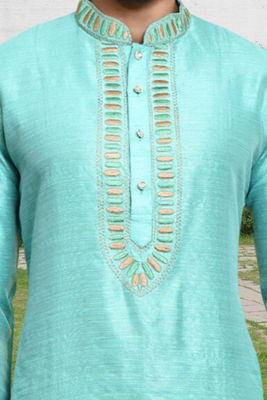 Sea green art silk embroidered kurta churidar for men's indian traditional ethnic wear 4