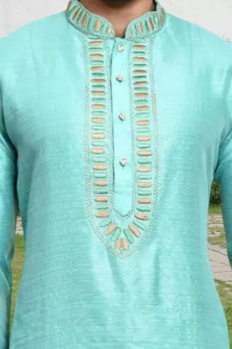 Sea green art silk embroidered kurta churidar for men's indian traditional ethnic wear